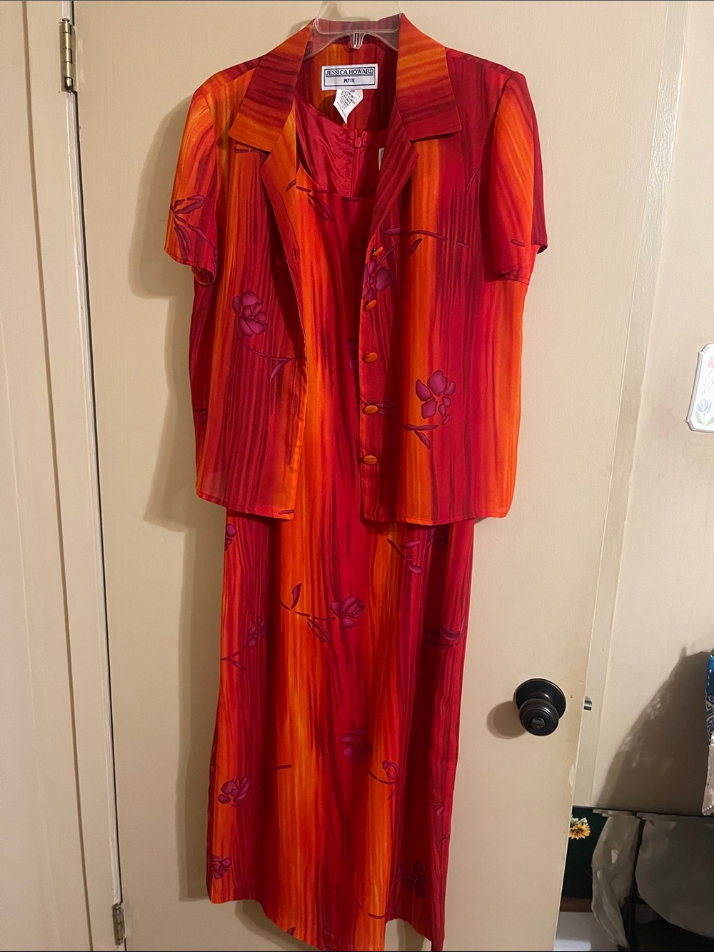 Jessica Howard Red and Orange Floral Stripe Dress and Jacket Set